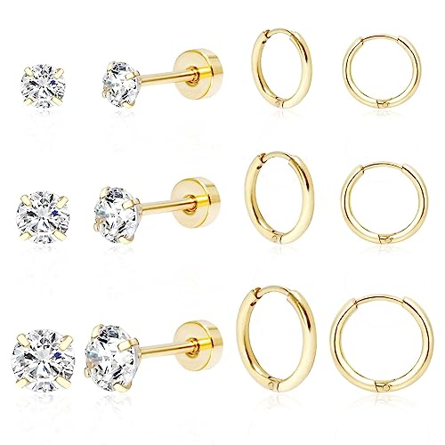 6 Paar Ohrringe Gold Set für Damen, Medizinische Ohrstecker und Creolen Klein Helix Tragus Piercing Chirurgenstahl Mädchen Ohrringe Silber Zirkonia Flatback Ohrstecker Hypoallergene Ohrring von DAILI