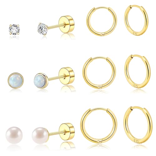 6 Paar Ohrringe Gold Set für Damen, Medizinische Ohrstecker Perlen und Creolen Klein Helix Tragus Piercing Chirurgenstahl Mädchen Ohrringe Silber Zirkonia Flatback Ohrstecker Hypoallergene Ohrring von DAILI