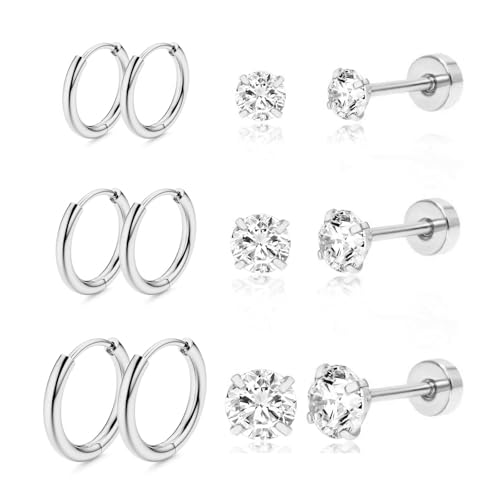 6 Paar Ohrringe Gold Set für Damen, Medizinische Ohrstecker und Creolen Klein Helix Tragus Piercing Chirurgenstahl Mädchen Ohrringe Silber Zirkonia Flatback Ohrstecker Hypoallergene Ohrring von DAILI