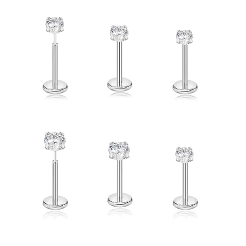 DAILI 20G Helix Piercings Gold, Nasenpiercing Chirurgenstahl Piercing Ohr Conch Tragus Piercings Silber Nasenstecker Zirkonia Nostril Piercing für Frauen Männer (3 pairs flat back stud-Silver) von DAILI