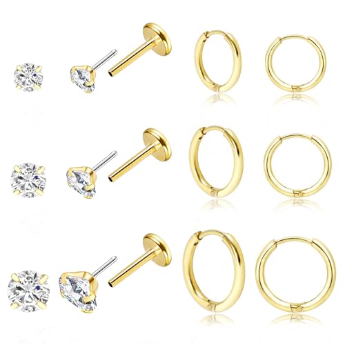 DAILI 20G Helix Piercings Gold, Nasenpiercing Chirurgenstahl Piercing Ohr Conch Tragus Piercings Silber Nasenstecker Zirkonia Nostril Piercing für Frauen Männer (Hoop and Flat Back Stud-gold) von DAILI