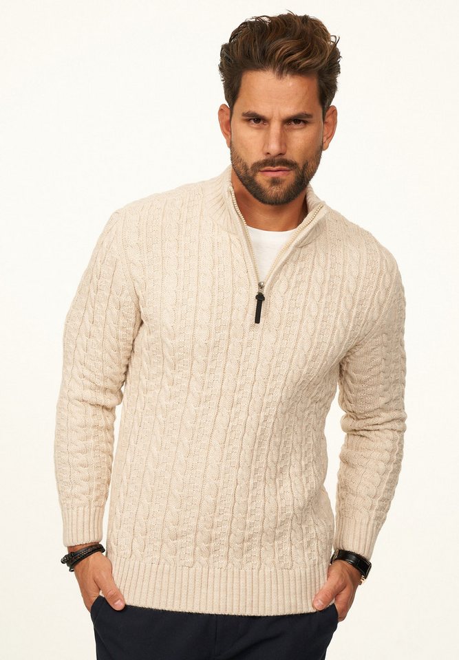 DAILY COTTON Strickpullover als Grobstrick Troyer Pulli mit Zopfmuster für Herren Männer Winterpullover Half-Zip im Regular-Fit von DAILY COTTON