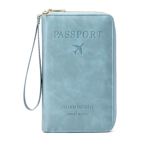 Reisepasshülle PU Leder für Damen und Herren, RFID-blockierende Reisebrieftasche, Reisepasshalter, Kartenfächer, Dokumenten-Organizer, Handgelenkschlaufe, Blau von DAITET