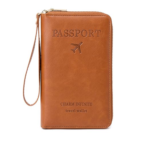 Reisepasshülle PU Leder für Damen und Herren, RFID-blockierende Reisebrieftasche, Reisepasshalter, Kartenfächer, Dokumenten-Organizer, Handgelenkschlaufe, Braun Gelb von DAITET
