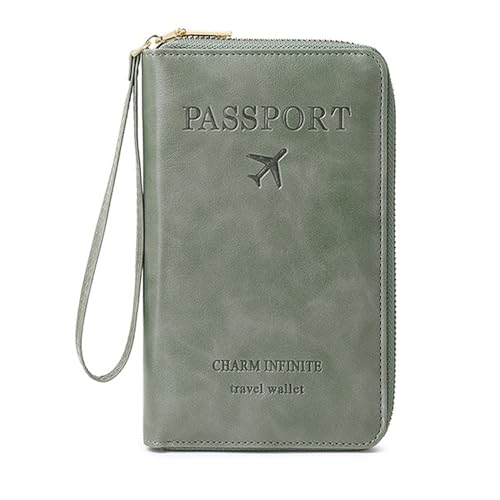 Reisepasshülle PU Leder für Damen und Herren, RFID-blockierende Reisebrieftasche, Reisepasshalter, Kartenfächer, Dokumenten-Organizer, Handgelenkschlaufe, Grün von DAITET