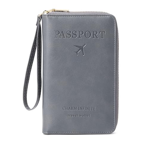 Reisepasshülle PU Leder für Damen und Herren, RFID-blockierende Reisebrieftasche, Reisepasshalter, Kartenfächer, Dokumenten-Organizer, Handgelenkschlaufe, Hellgrau von DAITET