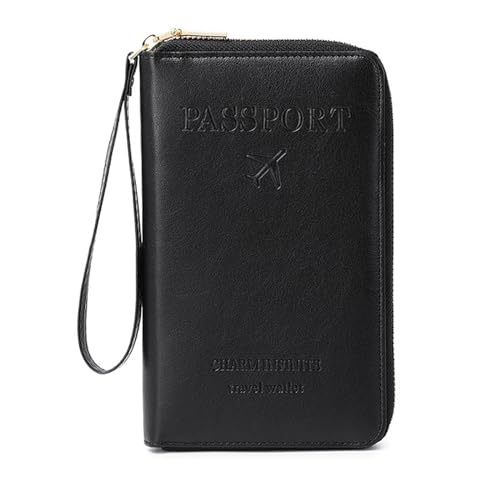 Reisepasshülle PU Leder für Damen und Herren, RFID-blockierende Reisebrieftasche, Reisepasshalter, Kartenfächer, Dokumenten-Organizer, Handgelenkschlaufe, Schwarz von DAITET