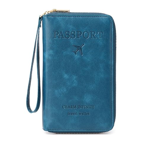 Reisepasshülle PU Leder für Damen und Herren, RFID-blockierende Reisebrieftasche, Reisepasshalter, Kartenfächer, Dokumenten-Organizer, Handgelenkschlaufe, Türkis von DAITET