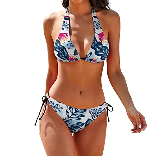 Damen Bikini Badeanzüge Zweiteilige Badeanzüge Sexy Halfter Tanga Bikini Brasilianische Unterseite Bindung Seite Bikini Sets, Floral, XS von DAIYU LIN