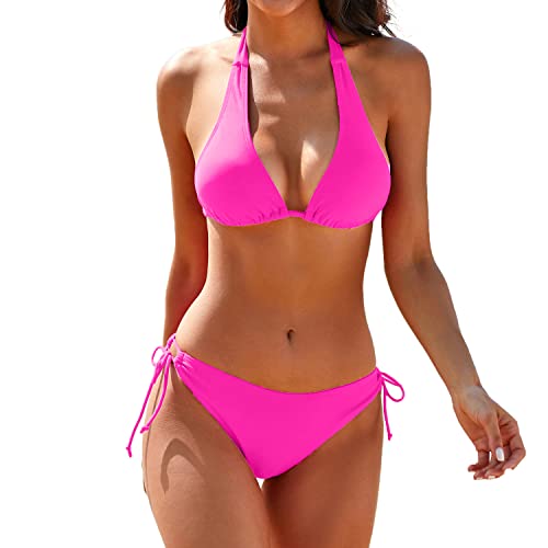 Damen Bikini Badeanzüge Zweiteilige Badeanzüge Sexy Neckholder Tanga Bikini Brazilian Bottom Tie Side Bikini Sets, rose, Medium von DAIYU LIN