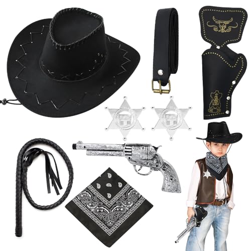 DAJASD 8 Stück Cowboy Kostüm Set für Kinder, Western Cowboy Zubehör Kit, Western Cowboy Cosplay Kleidung Kit mit Peitsche, Cowboyhut Zubehör Set für Cosplay Party für, Kinder über 3 Jahre von DAJASD