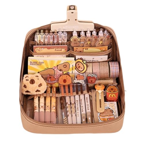 DAJASD Capybara Schreibwaren-Set, mehrschichtige 90° breite Öffnung, Capybara Federmäppchen mit Radiergummi, Kugelschreiber, Textmarker, Brosche, Lineale und mehr, niedliches Schreibwaren-Set für von DAJASD