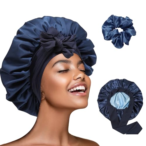 DAJOOEE Seidenhaube zum Schlafen mit Haargummi Damen Seidenhaube Silk Bonnet Schlafhaube Seide Satin Haarhaube Bonnet Sleep Cap Schlafhaube Haarhaube (Dunkelblau, Einheitsgröße-M) von DAJOOEE