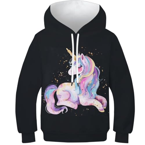 DAKINCHERRY Einhorn UnisexKinder Hoodie 3D Lustig GedrucKt Kapuzenpullover Colorful Cute Einhorns Freizeitpullover Für Kinder 8-10Y von DAKINCHERRY