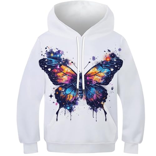 DAKINCHERRY Schmetterling Kinder-Hoodie Sweatshirt Für Jungen Mädchen Mit Tasche Coole Bunte Schmetterlinge Personalisierte Kapuzenpulli 10-12Y von DAKINCHERRY