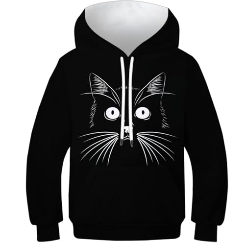 DAKINCHERRY Schwarz-weiße Katze Jungen Mädchen Hoodie Sweatshirt Für Jungen Mädchen Mit Tasche Niedliches Familientier Freizeitpullover Für Kinder 11-13Y von DAKINCHERRY