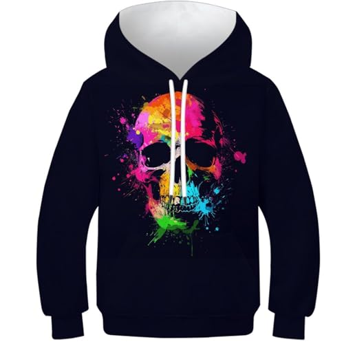 DAKINCHERRY Totenkopf Kinder-Hoodie Sweatshirt Für Jungen Mädchen Mit Tasche Colorful Totenkopf Freizeitpullover Für Kinder 6-7Y von DAKINCHERRY