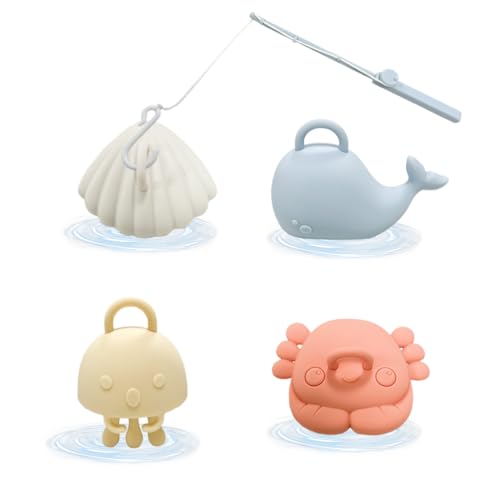 Angelspielzeug Meerestiere, 4 Silikon-Spielfiguren mit Angelrute, Lebensmittelechtes Material, Lernspielzeug ab 2 Jahre von DAKLOP