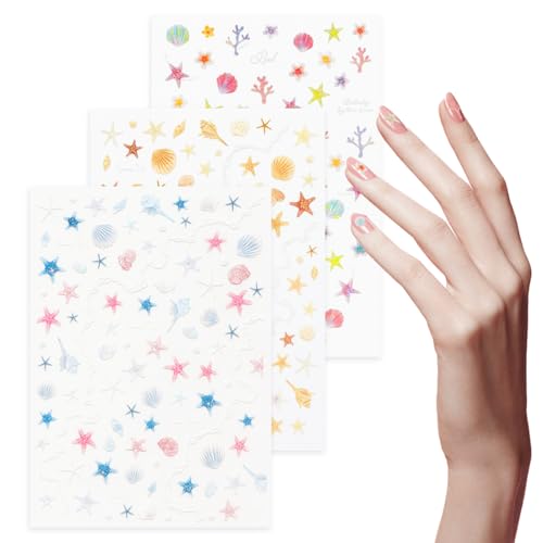 DAKLOP 3 Blatt nagelsticker, 3D Nagelsticker Aurora Muschel Seestern Nail Art Sticker Selbstklebend Nagelaufkleber 5D Stereoskopisch Ozean Thema Dekoration Nageldesign Zubehör von DAKLOP
