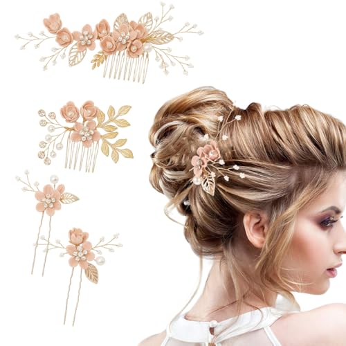 DAKLOP 4 Stück haarschmuck, Braut Haarschmuck Hochzeit Haarkämme Perle Kristall Hochzeit Haarspangen Blumen Haarnadeln Brautjungfer Hochzeit Frauen Mädchen Rosa Haarschmuck Braut Haarkamm（Rosa） von DAKLOP