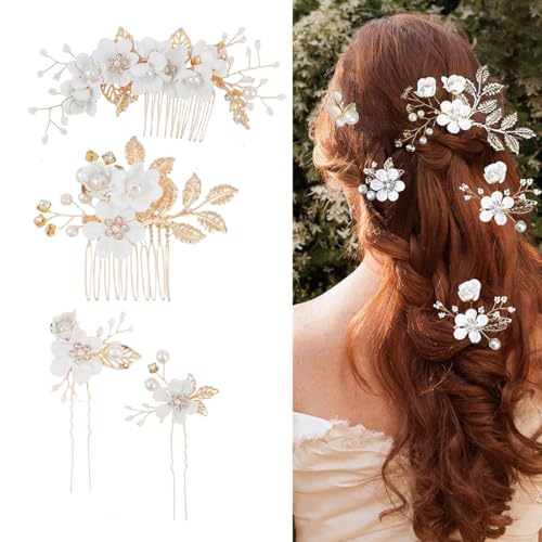 DAKLOP 4 Stück haarschmuck, Braut Haarschmuck Hochzeit Haarkämme Perle Kristall Hochzeit Haarspangen Blumen Haarnadeln Brautjungfer Hochzeit Frauen Mädchen Rosa Haarschmuck Braut Haarkamm（Weiß） von DAKLOP