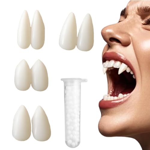 DAKLOP 8 Paar vampir zähne, falsche zähne, vampir zähne, Halloween Vampirzähne Gebiss Fangs, Gefälscht Zähne mit Pellets Kleber für Cosplay, Requisiten, Halloween, Dämon, Hexe von DAKLOP