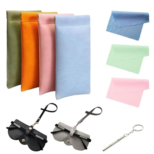 10 Stück Leder Brillenetui Set, Quetschoberteil Sonnenbrillen Etui mit Tragbar Brillenetuis, Brillenputztuch und Vielseitiger Brillenschraubendreher, Weiches Brillentasche Brillen für Frauen Männer von DALAETUS