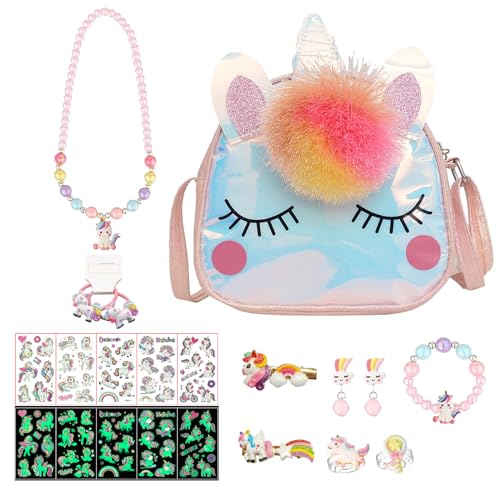 16 Stück Einhorn Schmuckset, Regenbogen Plüsch Einhorn Handtasche, Kette Halskette Armband Ring Ohrringe Haarbänder Haarspangen Tattoo Aufkleber für Mädchen, Dress Up, Geburtstag, Geschenk von DALAETUS