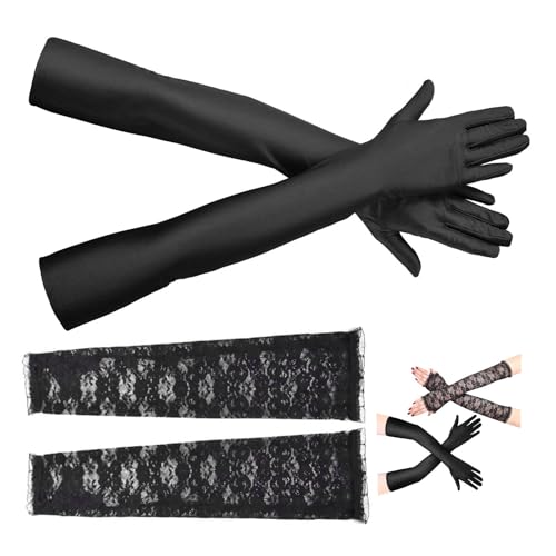 2 Paar Schwarzer Handschuhe Lang Set, 1920er Mafia Kostüm Damen, Fingerlose Spitze Handschuhe, Handschuhe Elegant Damen für Hochzeit Sproms Classic Opern Party(53 cm) von DALAETUS
