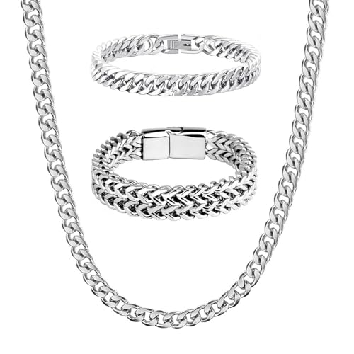 2 Stück Herren Kubanische Armband19/21 cm und 1 Stück Kubanische Halskette 50 cm Set, Robuste Herren Armband Edelstahl Hip Hop, Geschenke für Ihn Vater Freund(Silber) von DALAETUS