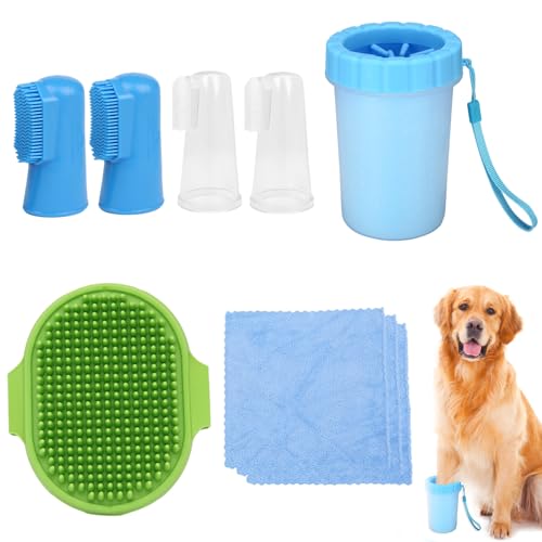 9 Pcs Pfotenreiniger für Hunde Set, 1 Hundepfoten Reiniger mit 1 Bürste für die Massage im Bad und 3 Handtücher und 4 Zahnbürsten, Hunde Pfotenreiniger von DALAETUS