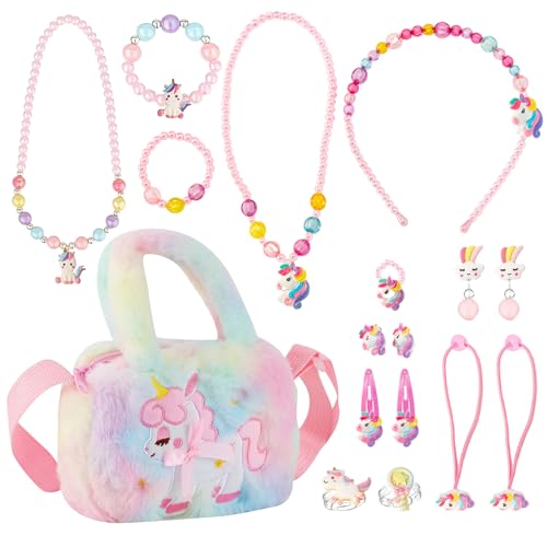 DALAETUS 17 Stück Einhorn Handtasche Geschenk für Mädchen, Einhörnern Kinderschmuck Halskette, Armband, Ring, Haarspange, Einhorn Handtasche Schmuck Set, Rollenspiel Geburtstagsgeschenk von DALAETUS