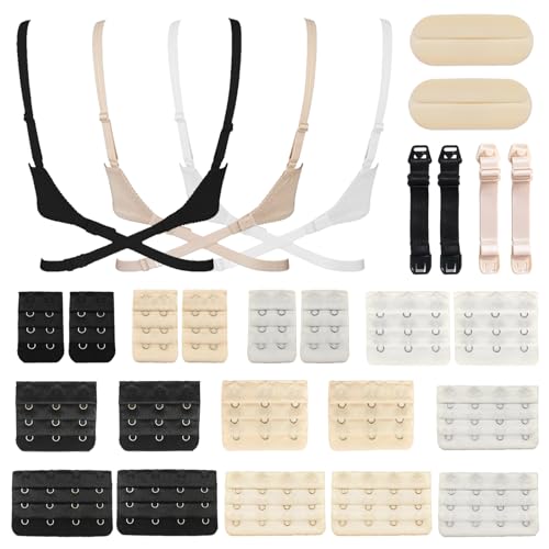 DALAETUS 27 Stück BH-Verlängerer set, 3 Reihen x 4 Haken, 3 Reihen x 3 Haken, 3 Reihen x 2 Haken, Bra Extender für Damen, Elastische Verlängerungsschnalle, Beige/Weiß/Schwar von DALAETUS