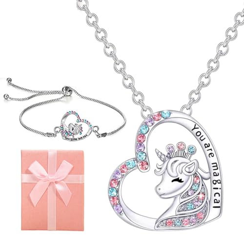 DALAETUS 3 Stück Herz Halskette Kit, Einhorn Geschenke mit Armbänder und Geschenkbox, Schmuck für Mädchen Mütter Tochter Enkelin Nichte von DALAETUS