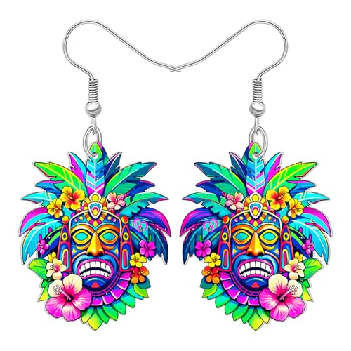 DALANE Acryl Cute Hawaii Tiki-Maske 5 Uhr Lrgendwo Ohrringe Hängend für Damen Mädchen, Bunte Tropische Hibiskusblüten, Strand Schmuck Boho Geschenke für Strandliebhaber (Buntes) von DALANE
