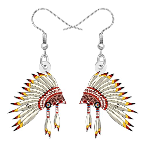 DALANE Acryl Fun Kopfschmuck Native American Ohrringe Hängend Geschenke für Damen Mädchen, Traditionelle Stammes-Kopfbedeckung Stil Feder Muster Schmuck (Weiß) von DALANE
