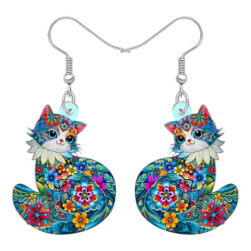 DALANE Acryl Lustig Katze Mama Geschenke Tropfen Ohrringe Hängend Cute Blumen Bohemian Design Schmuck Boho Geschenke für Damen Mädchen Katze Liebhaber Haustiere Kätzchen Besitzer Charms (Marine) von DALANE