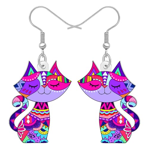 DALANE Acryl Lustig Katze Mutter Geschenke Ohrringe Hängend Cute Böhmische Geometrische Design Unique Jewelry Boho Geschenke für Damen Mädchen Katze Liebhaber Haustiere Kätzchen Besitzer (Lila) von DALANE