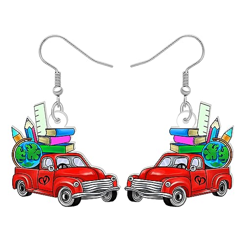 DALANE Acryl Lustig Lehrer Ohrringe Tropfen Bücher Auto Schule Bus Lehrer Anerkennung Geschenke für Frauen Mädchen Kinder Zurück zu Schule Schmuck (Rot) von DALANE