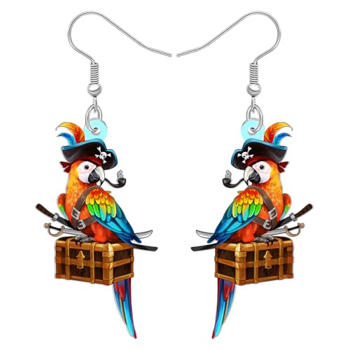 DALANE Acryl Lustig Piraten Papagei Tropfen Ohrringe Hängend Cute Ara auf Schatztruhe Design Einzigartiger Piraten Modeschmuck Zubehör Vogel Geschenke für Damen Mädchen Vogelliebhaber (Buntes) von DALANE