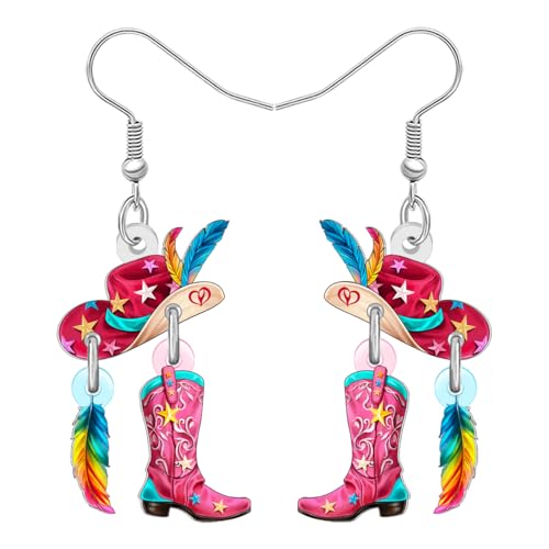 DALANE Acryl Lustig Westlich Cowboy Cowgirl Hut Stiefel Ohrringe Niedlich Bohemian Ohrringe Hängend Country-Musik Handgefertigter Schmuck Outfit Geschenke für Damen Mädchen Rodeo Reize (Rosa) von DALANE