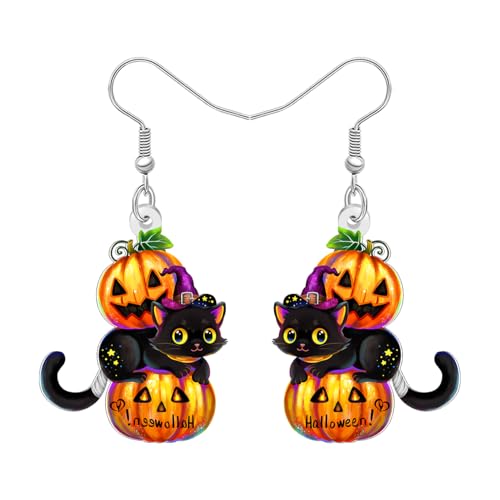 DALANE Acryl Neuheit Spooky Halloween Geschenke Schwarze Katze Kürbis Ohrringe Hängend Hexe Hut Urlaub Kostüme Schmuck Einzigartige Goth Geschenke für Damen Mädchen Mom Katze Liebhaber (Gelb) von DALANE