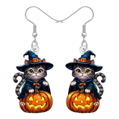 DALANE Acryl Neuheit Spooky Halloween Geschenke Schwarze Katze Kürbis Ohrringe Hängend Hexe Hut Urlaub Kostüme Schmuck Einzigartige Goth Geschenke für Damen Mädchen Mom Katze Liebhaber (Grau) von DALANE