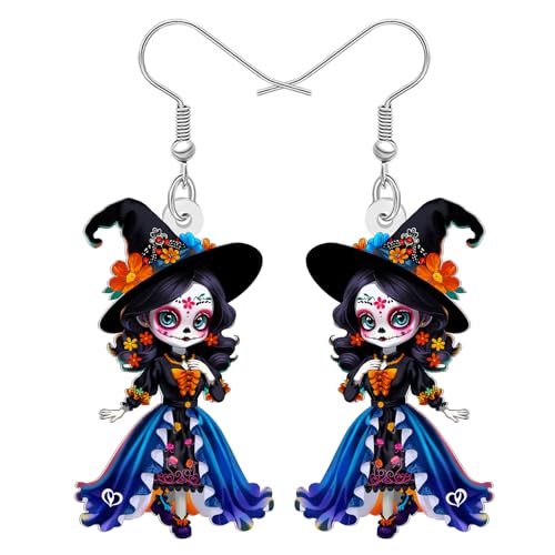 DALANE Acryl Neuheit Spooky Tag der Toten Zuckerschädel Gruselige Puppe Ohrringe Hängend Halloween Hexe Gothic Mexikanischen Urlaub Kostüme Schmuck Goth Geschenke für Damen Mädchen (Schwarz) von DALANE