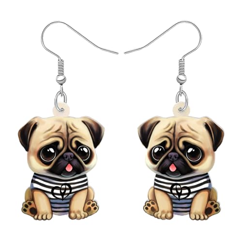 DALANE Acryl Niedlich Mops Hund Ohrringe Baumelnd Tropfen Anime Welpen Haustiere Schmuck für Frauen Mädchen Kinder Mops Liebhaber Charms Geschenke Party (Braun) von DALANE