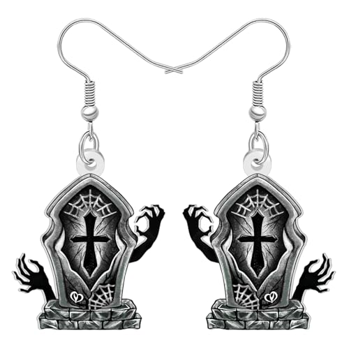 DALANE Acryl Spooky Halloween Geschenke Grabstein Kreuz Ohrringe Hängend für Damen Mädchen, Lustig Goth Friedhof Design Gothic Urlaub Schmuck für Halloween Kostüm Zubehör (Grau) von DALANE