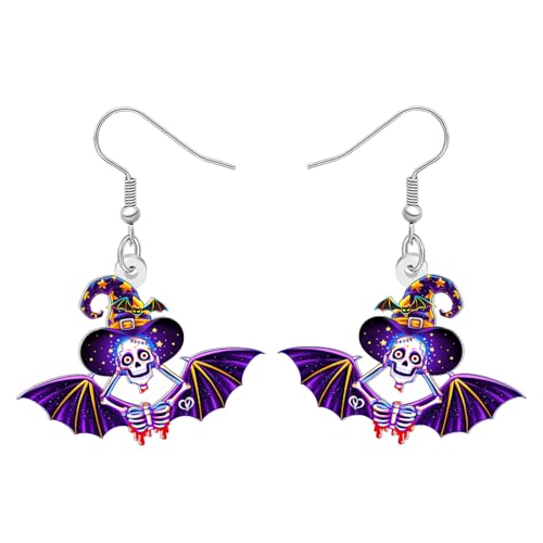 DALANE Acryl Spooky Halloween Geschenke Skelett Fledermaus Ohrringe Hängend für Damen Mädchen Neuheit Gothic Hexe Hut Design Gothic Urlaub Kostüme Einzigartige Schmuck Zubehör (Lila) von DALANE