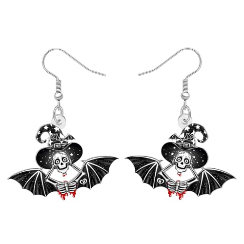 DALANE Acryl Spooky Halloween Geschenke Skelett Fledermaus Ohrringe Hängend für Damen Mädchen Neuheit Gothic Hexe Hut Design Gothic Urlaub Kostüme Einzigartige Schmuck Zubehör (Schwarz) von DALANE