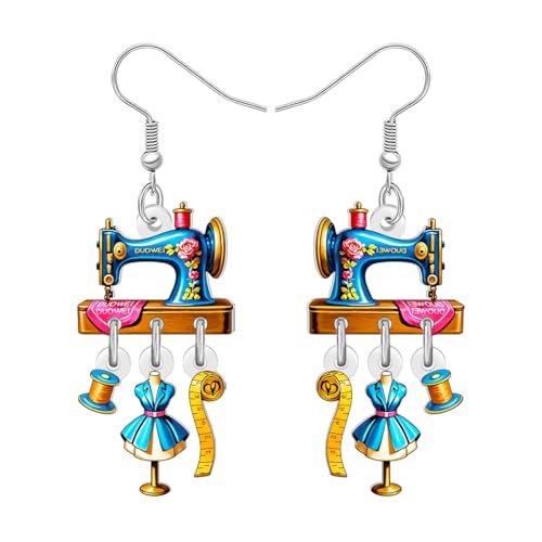 DALANE Acryl Vintage 70er 80er Jahre Nähmaschine Ohrringe baumeln Retro Nostalgic Designer Ohrringe Hängend Schmuck für Damen Mädchen Mom Quilter Nähen Liebhaber Näherin Geschenke (Blau) von DALANE