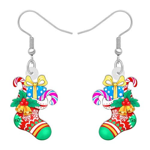 DALANE Acryl Weihnachten Süßer Zuckerstange Socken Ohrringe Baumeln Tropfen Schneemann Schmuck für Damen Frauen Mädchen Kinder Geschenke Dekoration (Kirsche) von DALANE